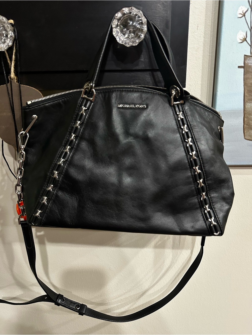 Michael Kors Black Leather Shoulder Tote with Chain Trim